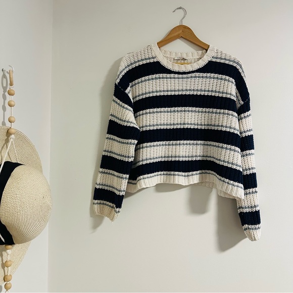 Z Supply Navy and Cream Striped  c cropped Crew Neck Sweater - Picture 9 of 9